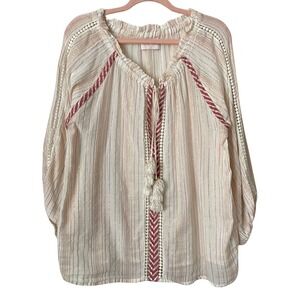 Miss June Paris Top Large Cream Pink Boho Striped Tassel Metallic Embroidered